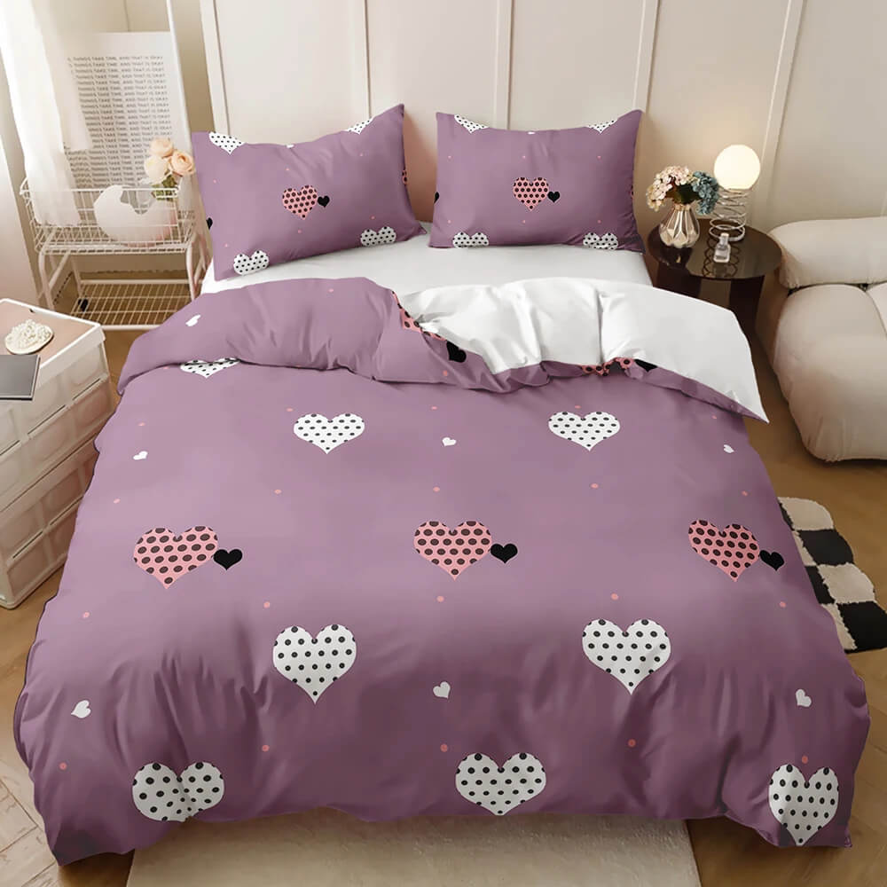 A purple bedding set with a heart pattern bright girl bedroom bedding decor