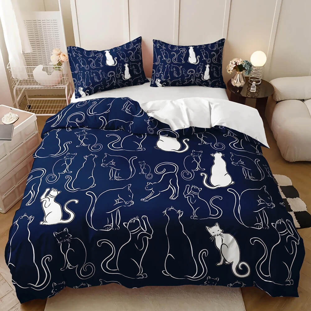 A navy blue bedding set with a white cat silhouette pattern Vibrant cartoon duvet cover