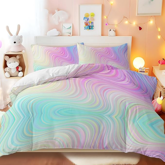 A pastel rainbow swirl pattern duvet cover and matching pillowcases on a bed in a cozy, decorated children's bedroom.