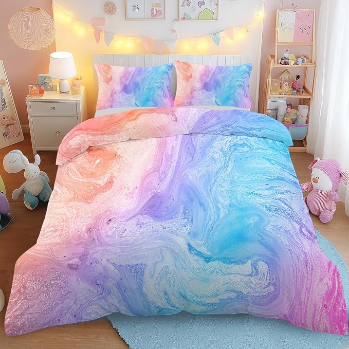 A colorful bedding set with a watercolor marble pattern in shades of blue, purple, pink, and white, styled on a bed in a child's bedroom.