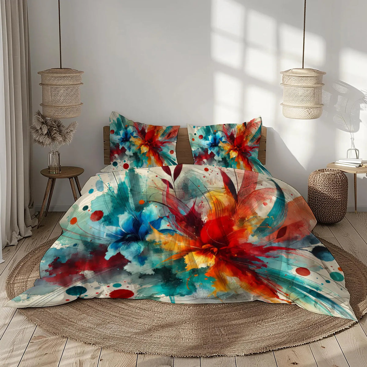 A colorful abstract floral bedding set