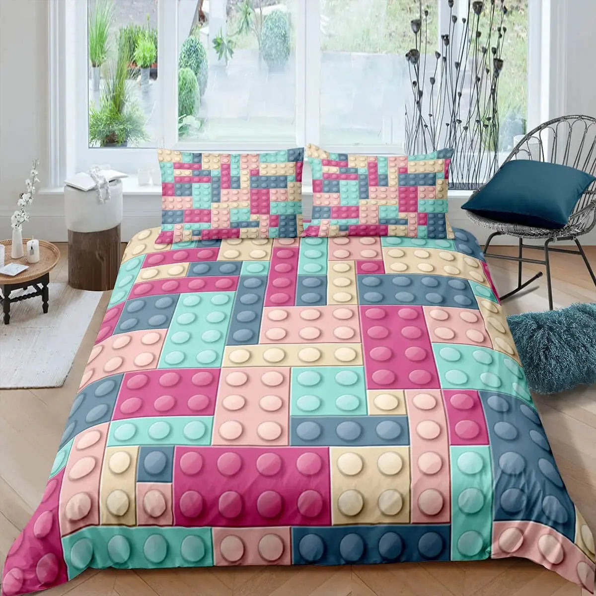 Soft children’s bedding with bright block and brick design