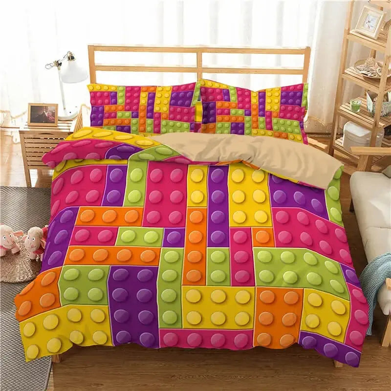 Durable polyester quilt cover with fun block pattern for teens