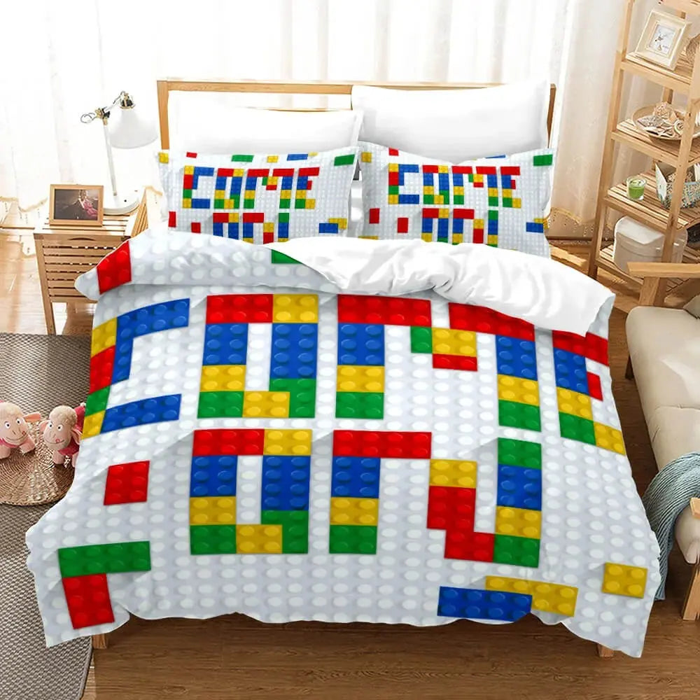 Creative bedroom décor bedding featuring toy-inspired block design