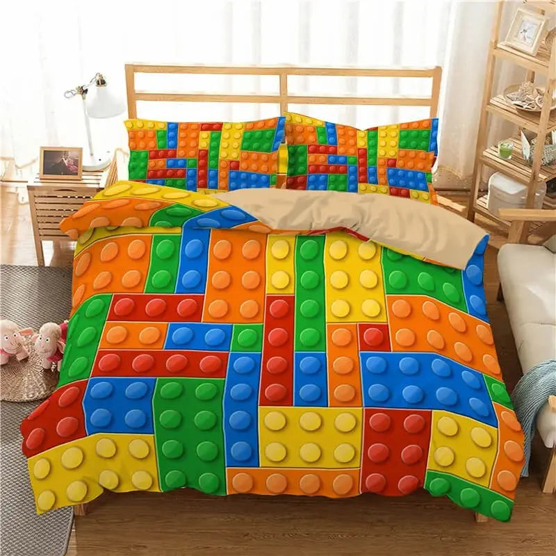 Vibrant quilt cover set with playful brick building block pattern