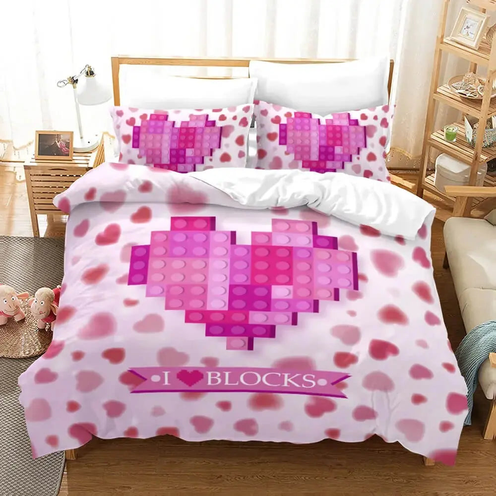 Kids bedding set with colorful toy-inspired building blocks print