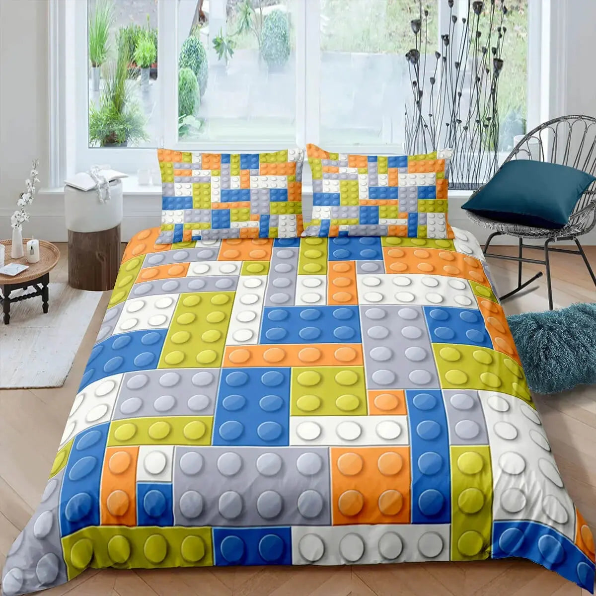 Fun orange and blue block quilt cover for children’s bedroom décor