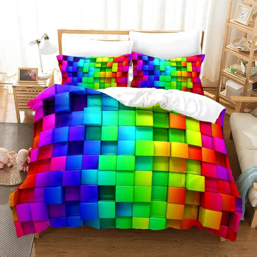 Kids bedding set with colorful toy-inspired building blocks print