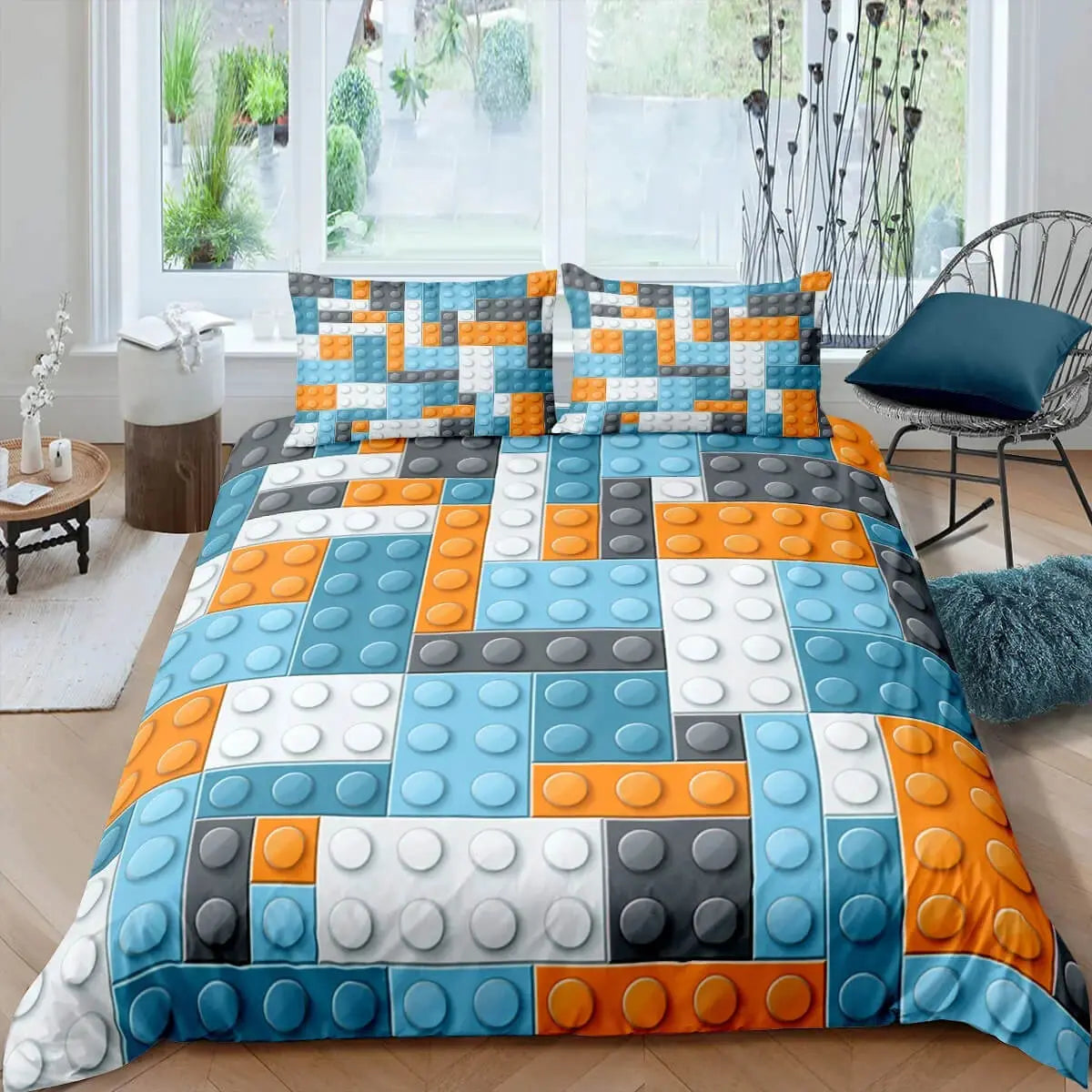 Polyester duvet cover with creative block design for kids