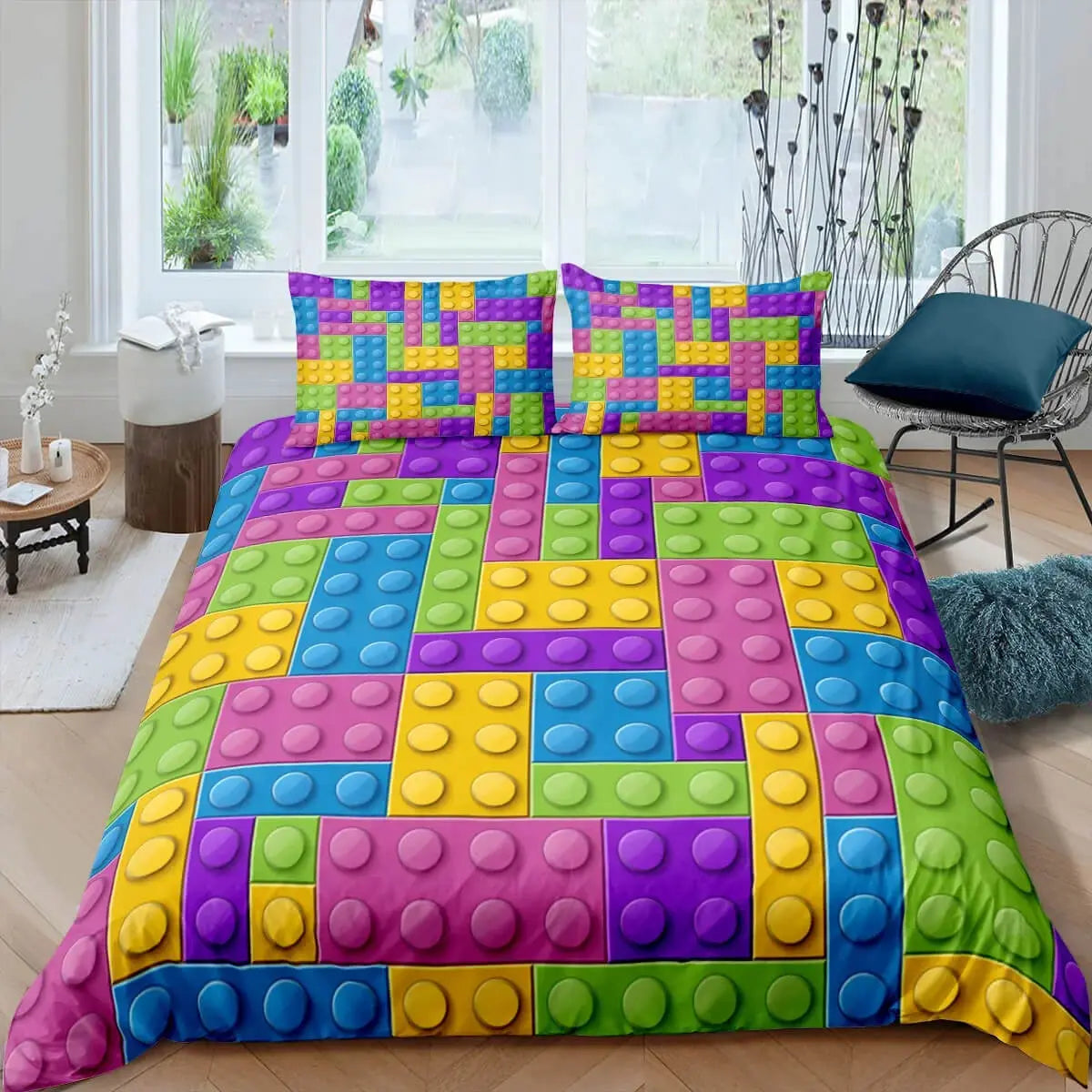 King size block-themed bedding set in vibrant orange and blue