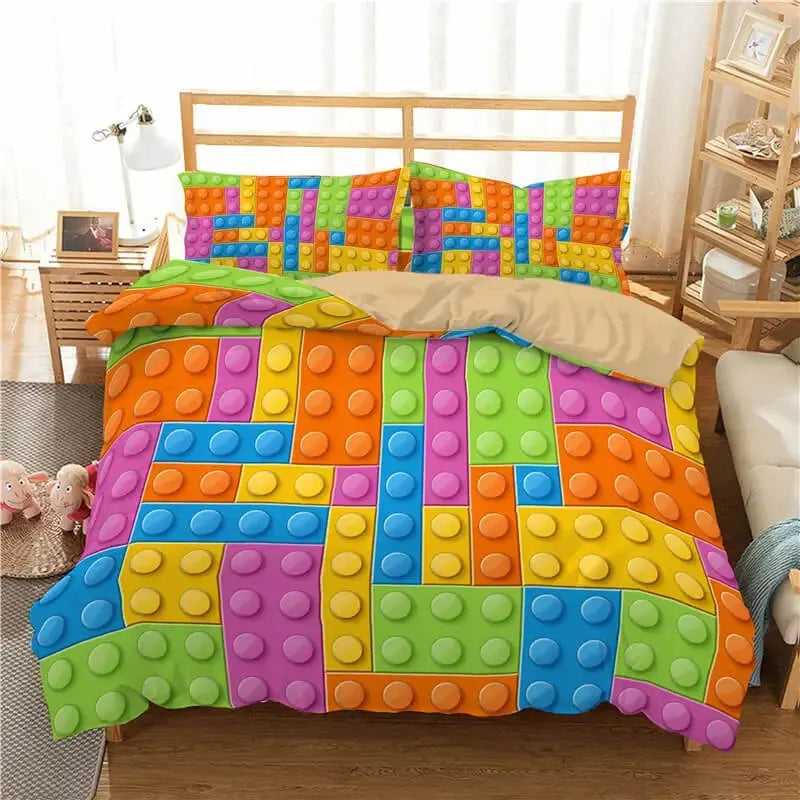 Queen size playful building brick bedding for kids and teens