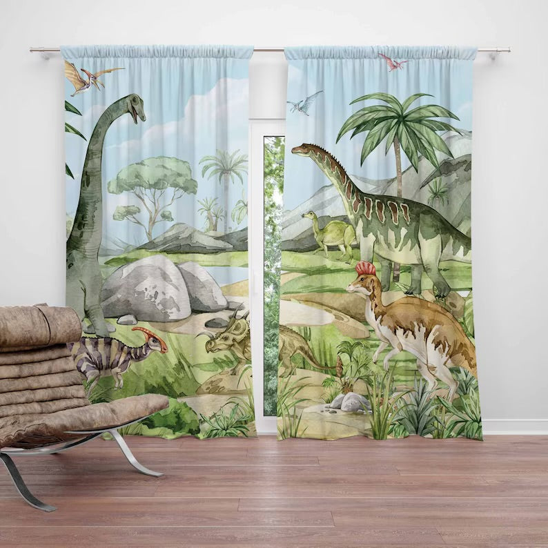 Colorful Dinosaur Curtains, Fun Dino Print Drapes for Kids Bedroom or Playroom, Made to Measure Window Panels with Prehistoric Design