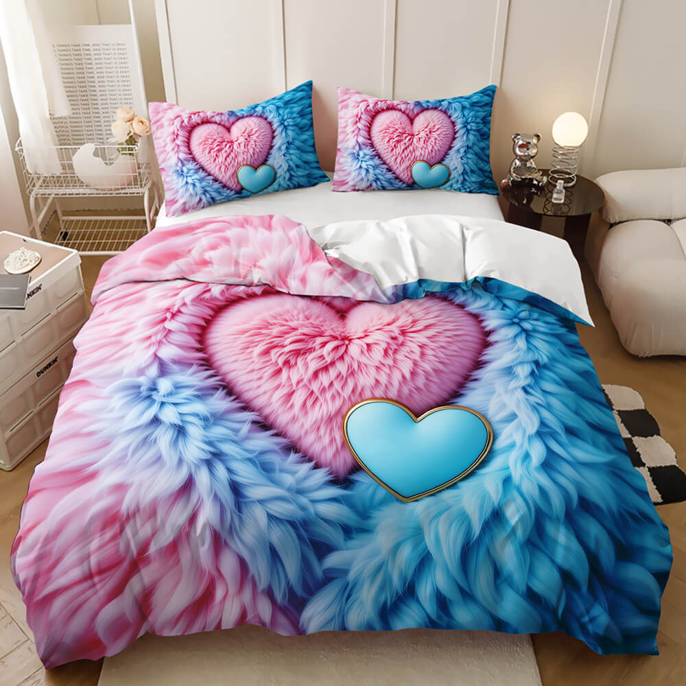 Pink and Blue Heart-shaped Embossed Fur Simulation Printed bedding set