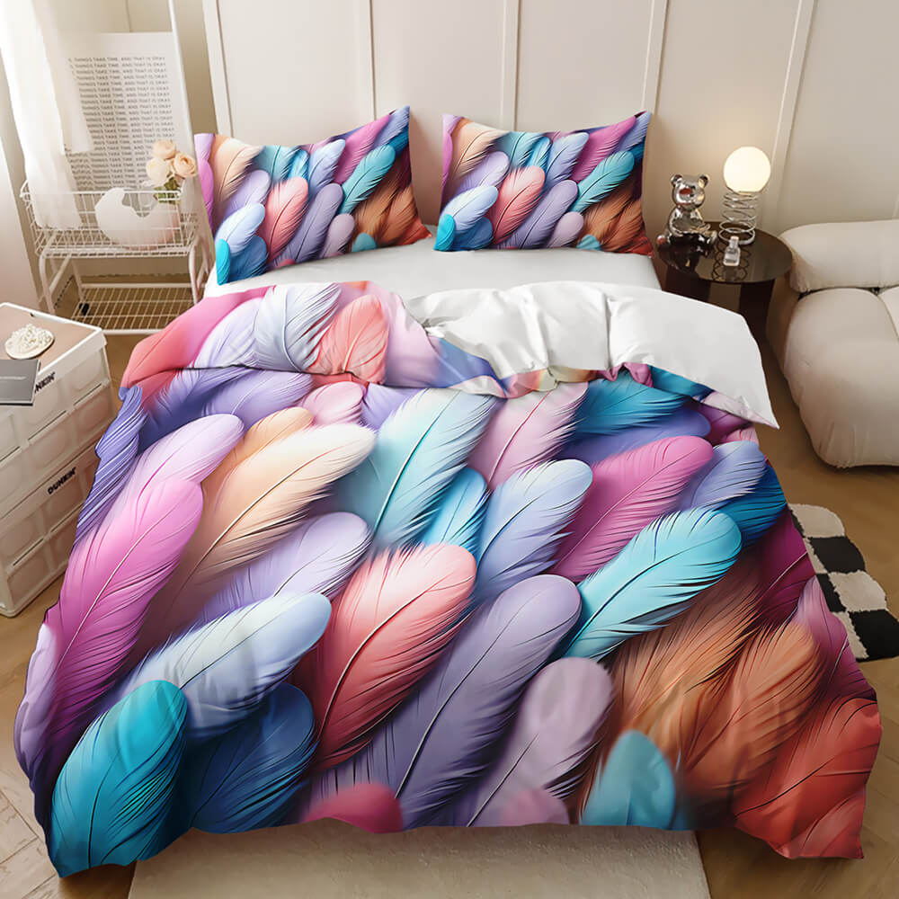 A colorful feather-print bedding set on a bed in a modern bedroom