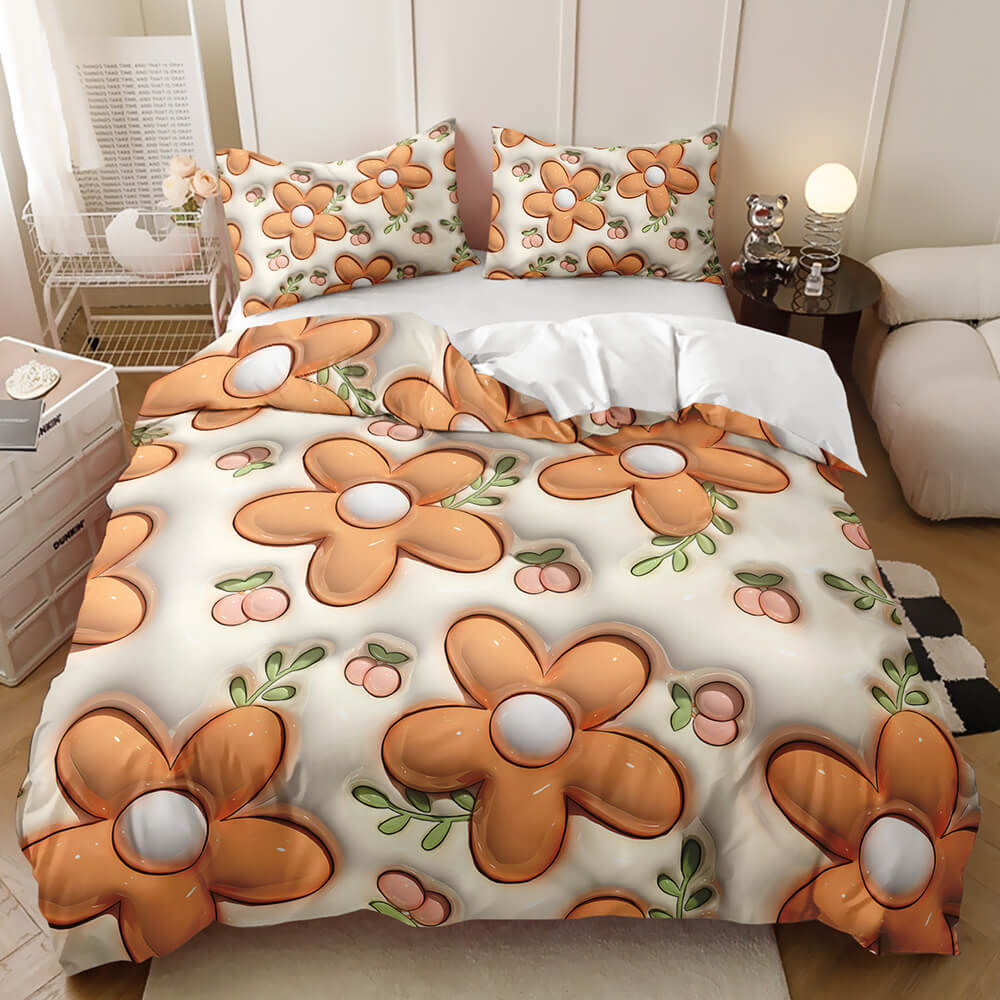 A bed dressed in a white duvet cover and matching pillowcases featuring a retro-style orange flower and peach pattern, styled in a bedroom setting.