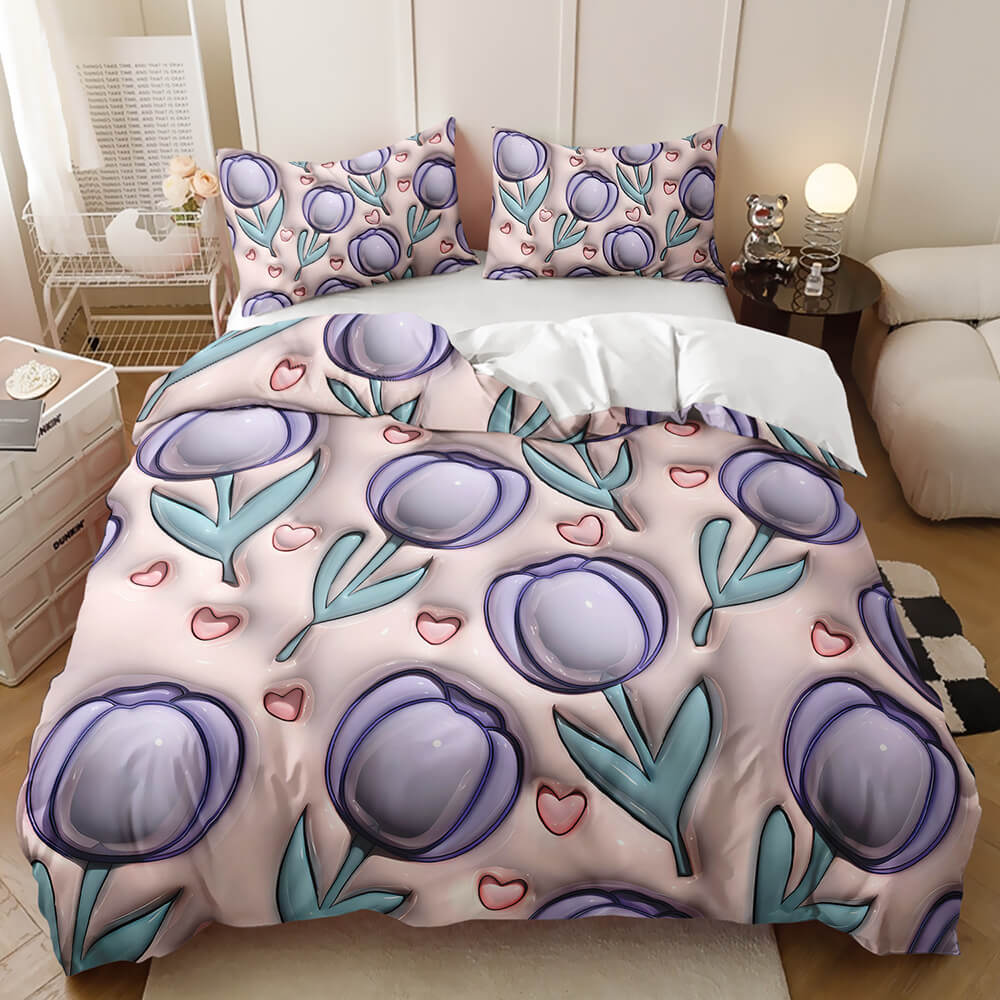 A bedding set featuring a duvet cover and two matching pillowcases with a stylized tulip pattern in purple, light blue, and pink, styled on a bed in a modern bedroom setting.