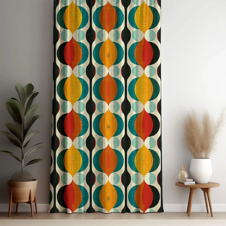 Colorful Mid-Century Modern Drapes, Retro Geometric Door & Window Curtain, 1970s Groovy Mod Design Fabric, Scandinavian Window Treatment