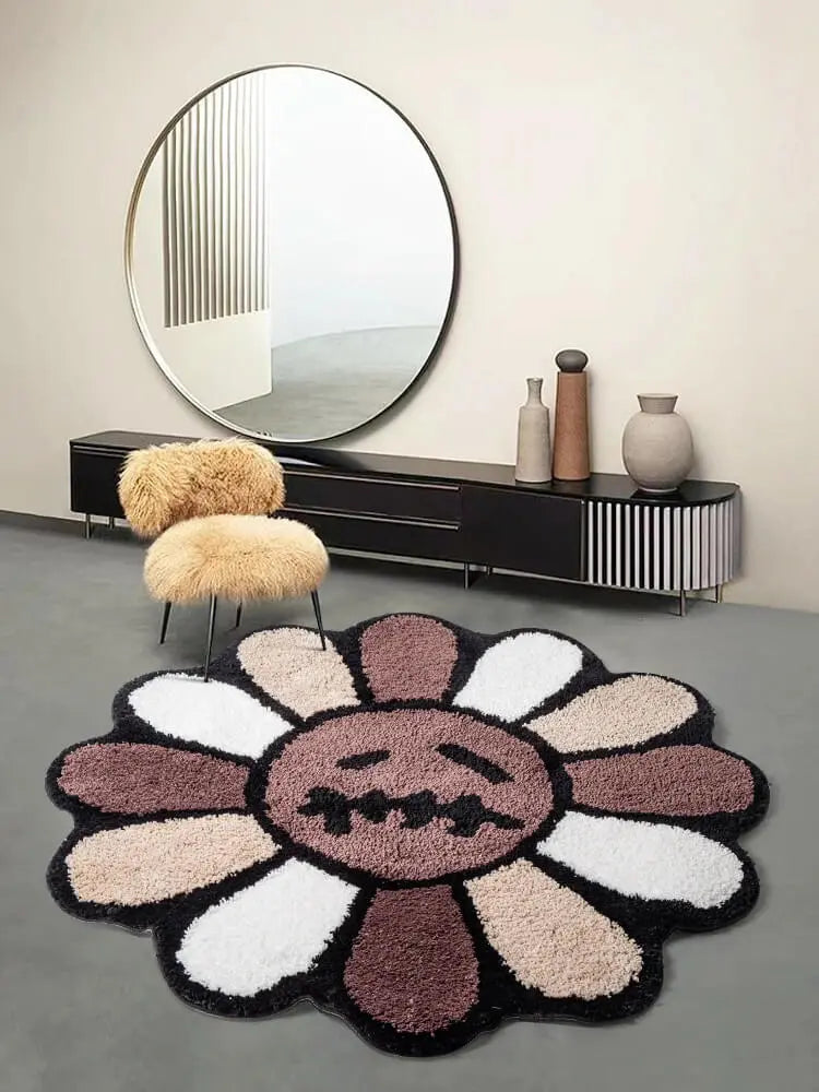 Colorful round flower rug with cute smile design