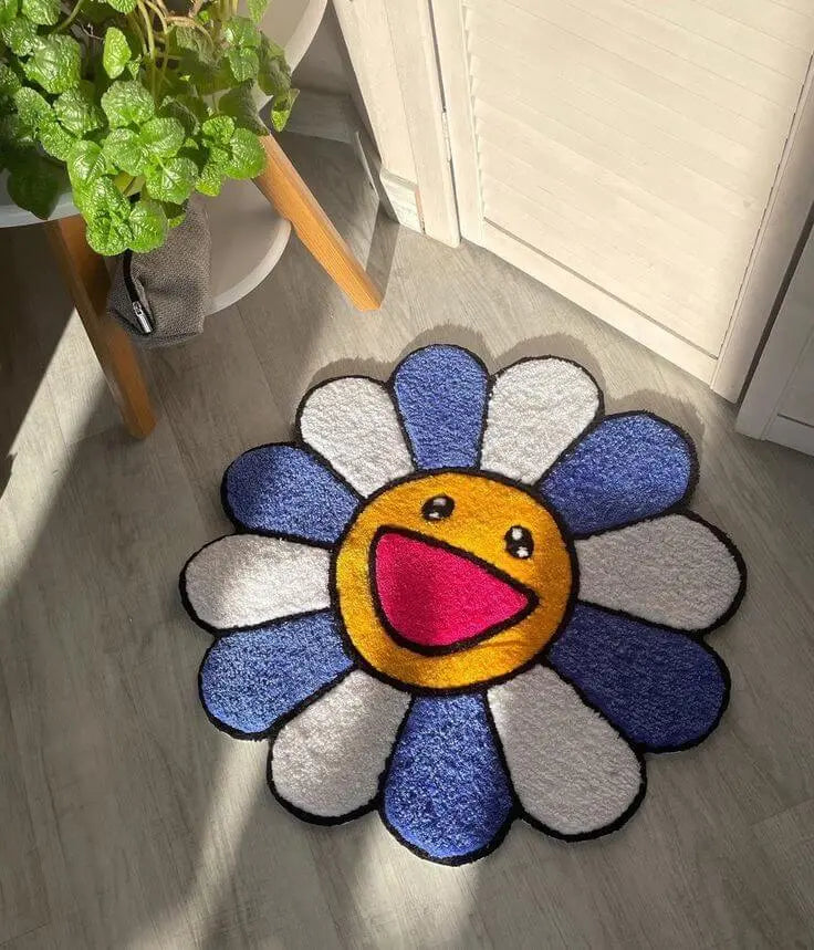 Cute flower floor rug with smiling happy face design