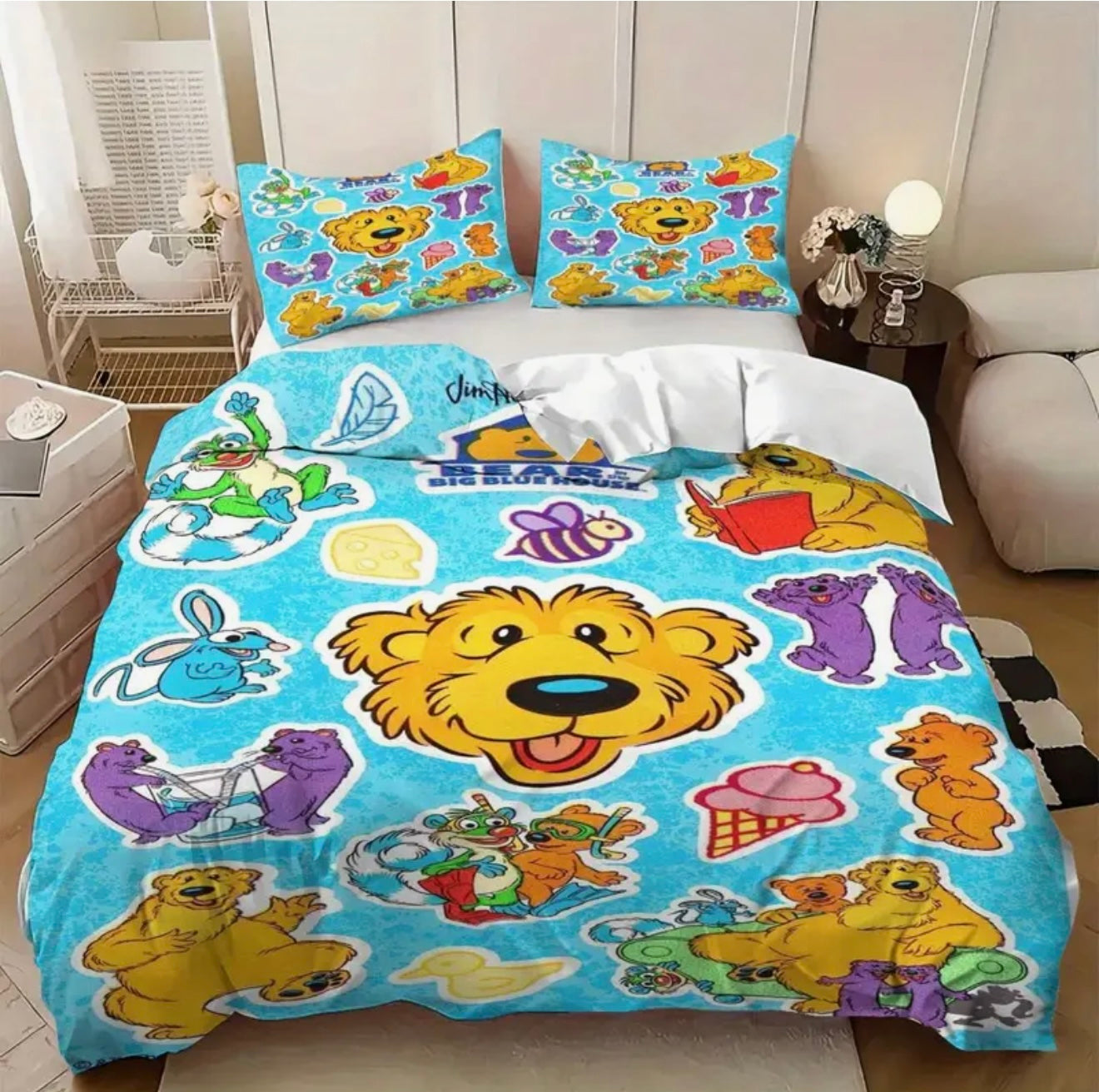 Colorful children's bedding set featuring Bear from Bear in the Big Blue House