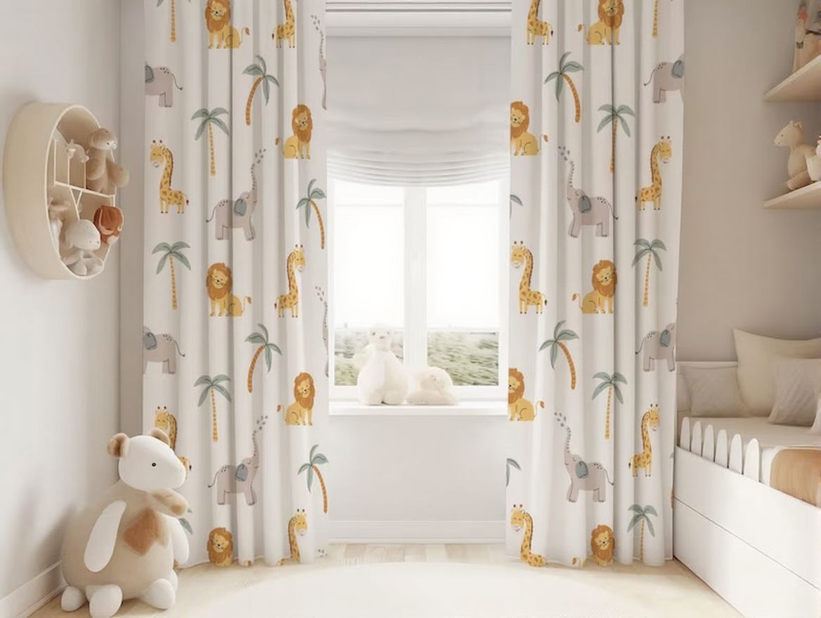 "Colorful jungle animals on white background curtains – woodland nursery decor"