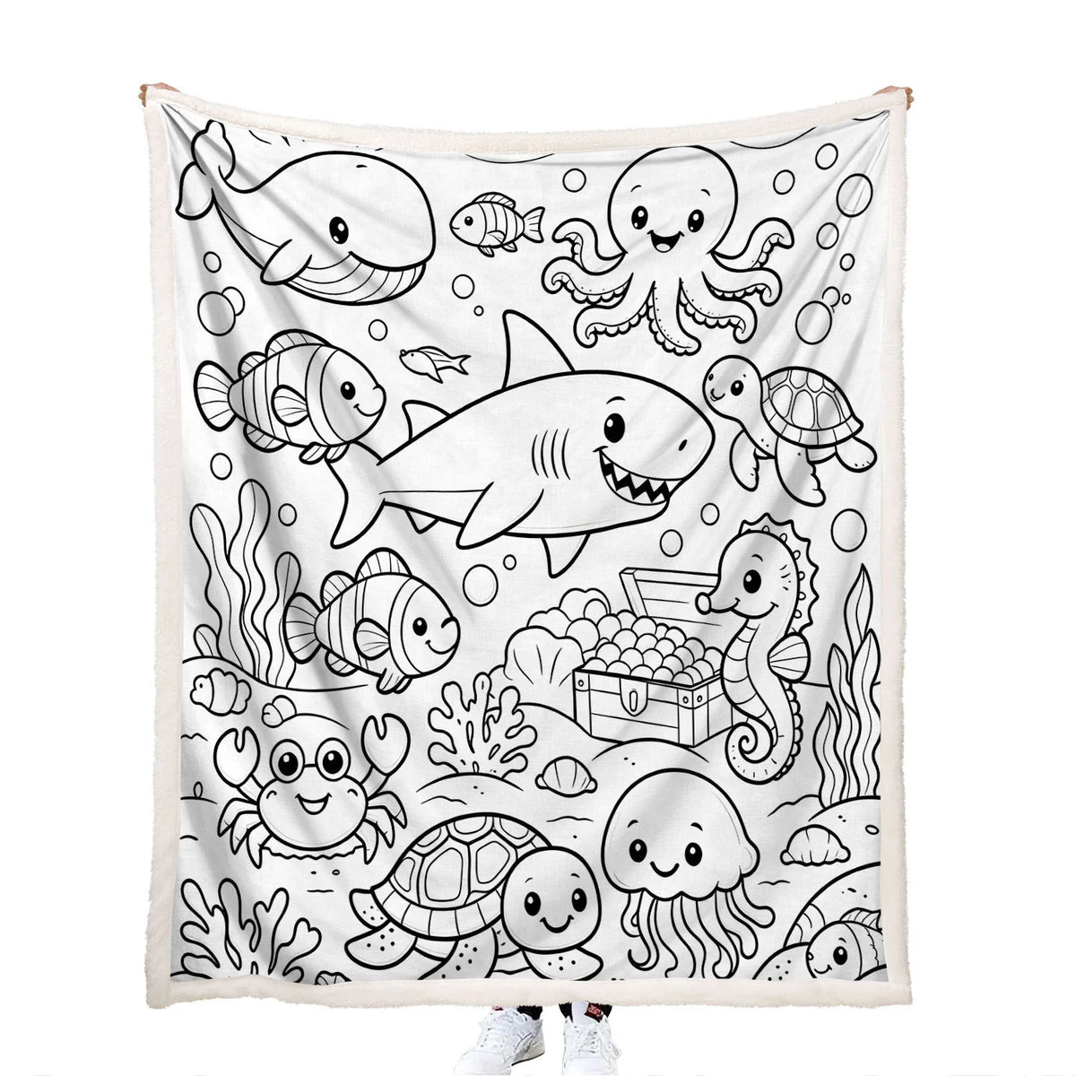 canvas coloring shark, whale, octopus, sea turtles, clownfish, seahorse, jellyfish, crab blanket with colorful artwork