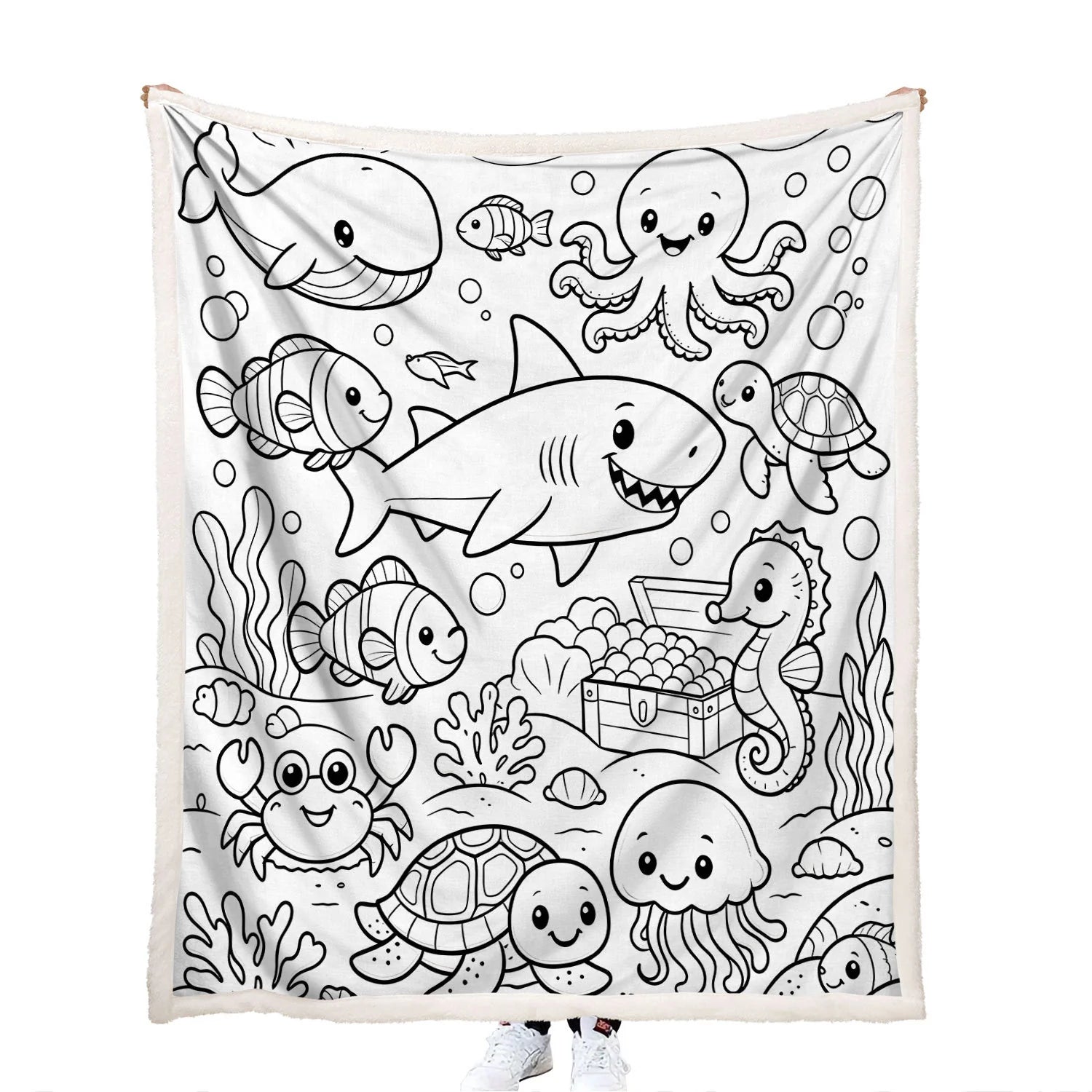 canvas coloring shark, whale, octopus, sea turtles, clownfish, seahorse, jellyfish, crab blanket with colorful artwork