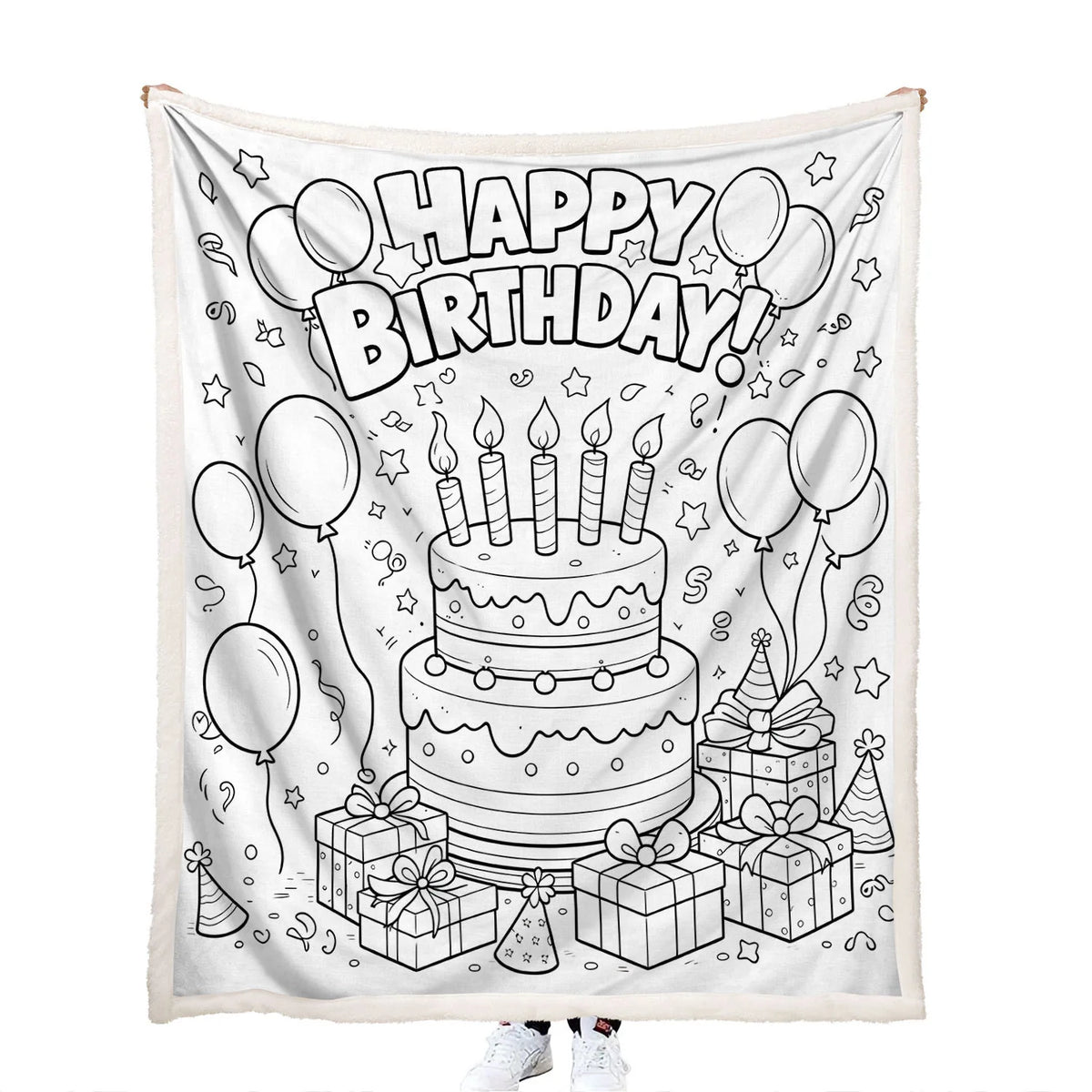 coloring Happy Birthday cake blanket with fabric markers for kids