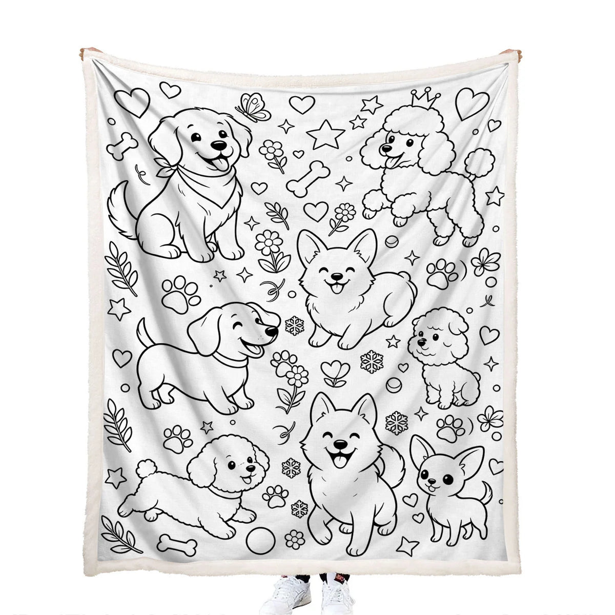creative coloring assortment of happy dog breeds, including a Golden Retriever, a Corgi, a Poodle wearing a tiny tiara, a Dachshund, a Chihuahua, and fluffy Pomeranian or Bichon puppies throw blanket for family fun