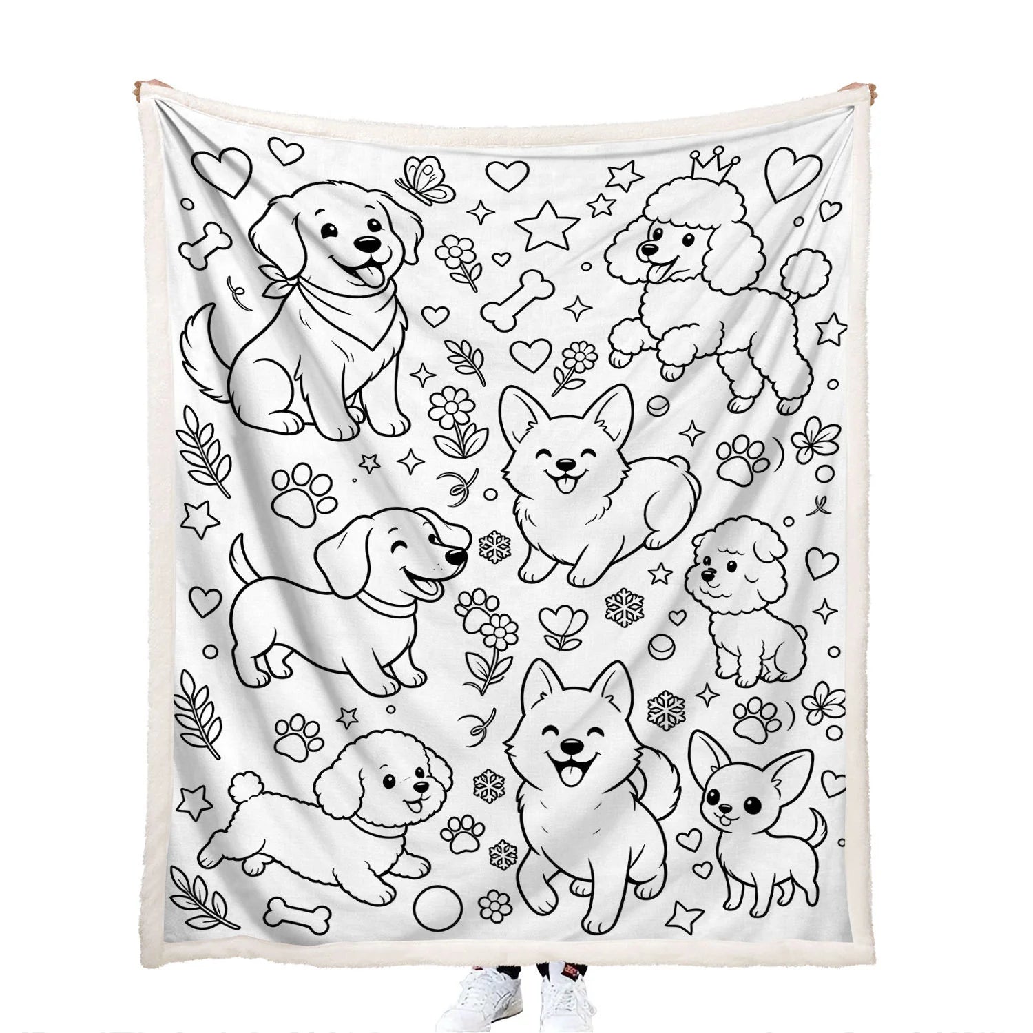 creative coloring assortment of happy dog breeds, including a Golden Retriever, a Corgi, a Poodle wearing a tiny tiara, a Dachshund, a Chihuahua, and fluffy Pomeranian or Bichon puppies throw blanket for family fun