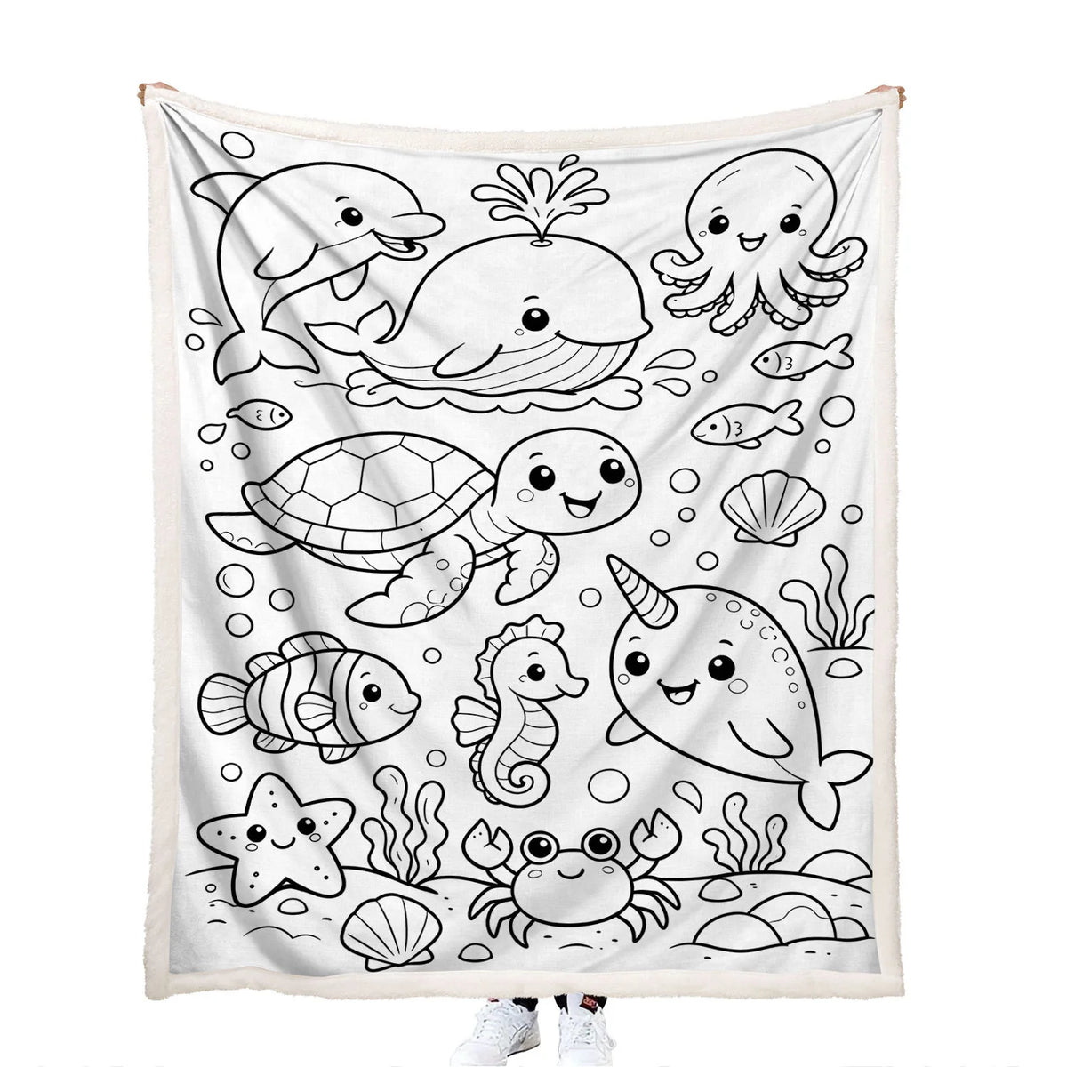 kids art activity dolphins, a whale, octopus, turtle, fish, seahorse, crab, starfish, and shells throw blanket with canvas front