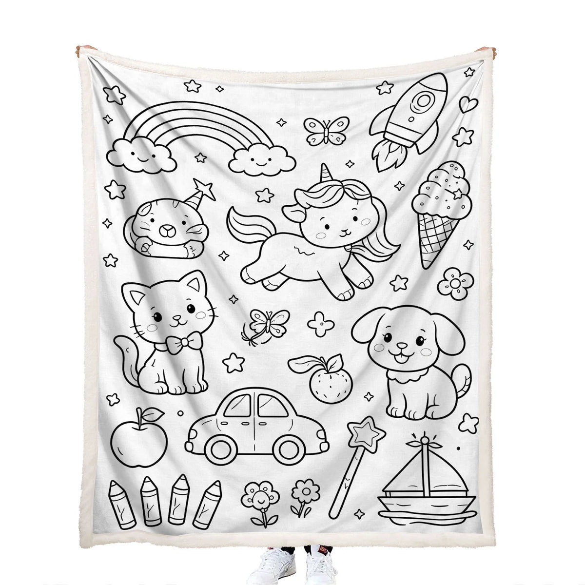 colorable cartoon unicorn, pets, and toys throw blanket for kids gift