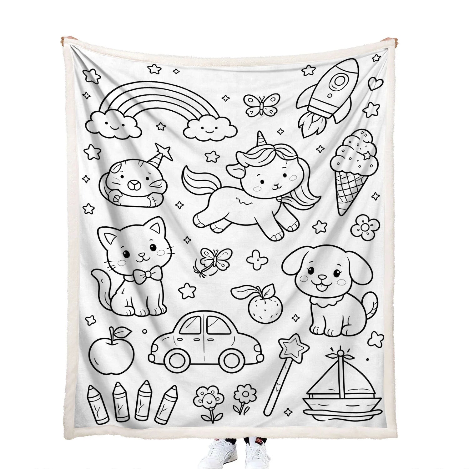colorable cartoon unicorn, pets, and toys throw blanket for kids gift