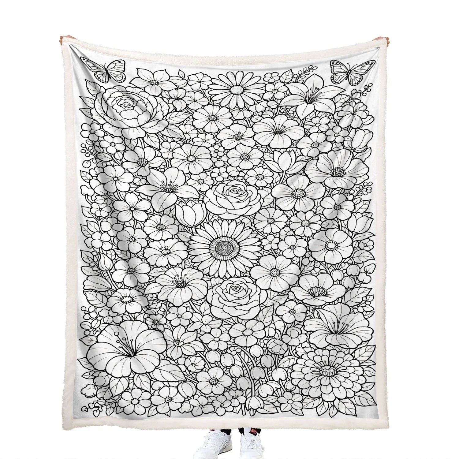 colorable botanical garden flowers and butterflies throw blanket.