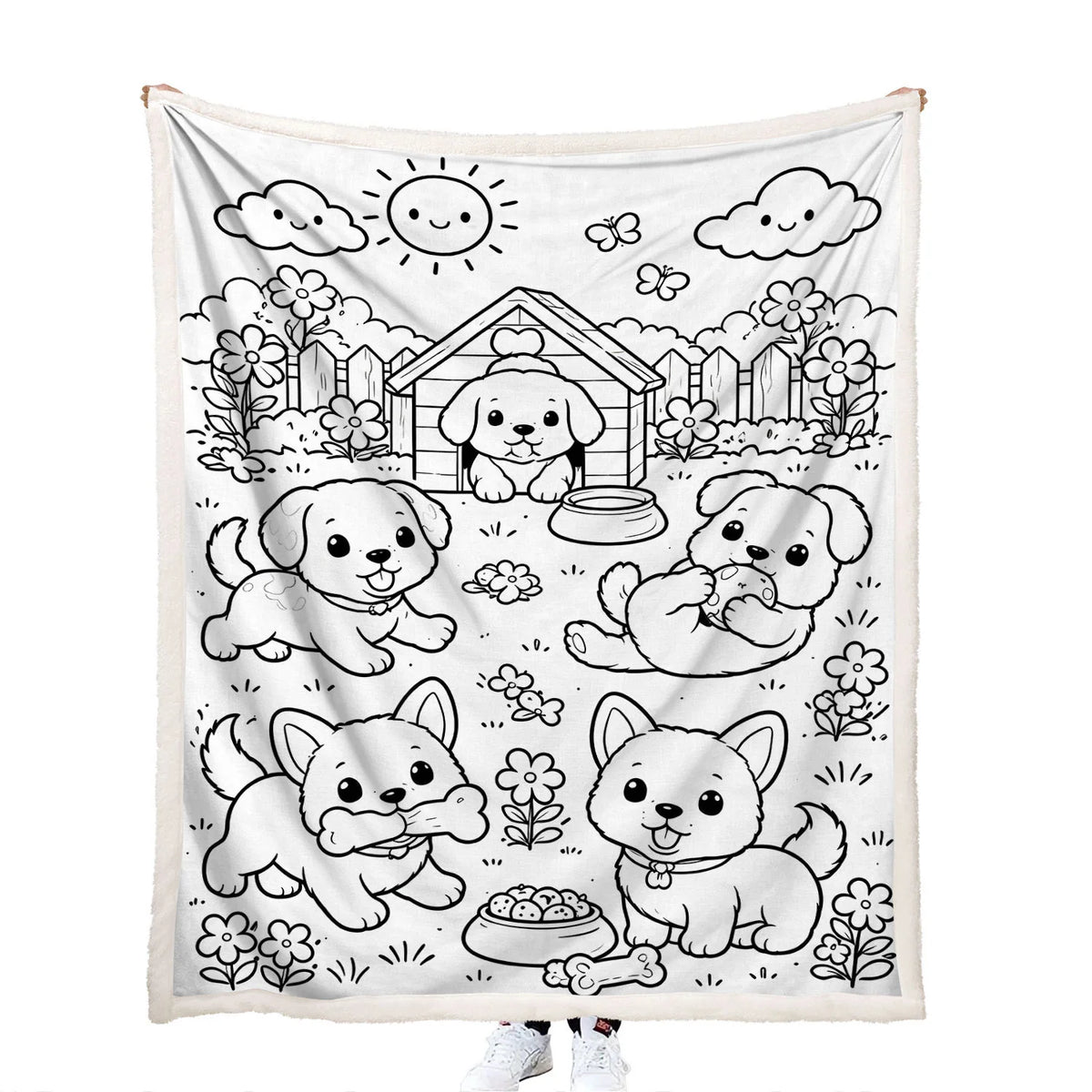 DIY art colorable playful puppies and doghouse blanket with soft fleece backing