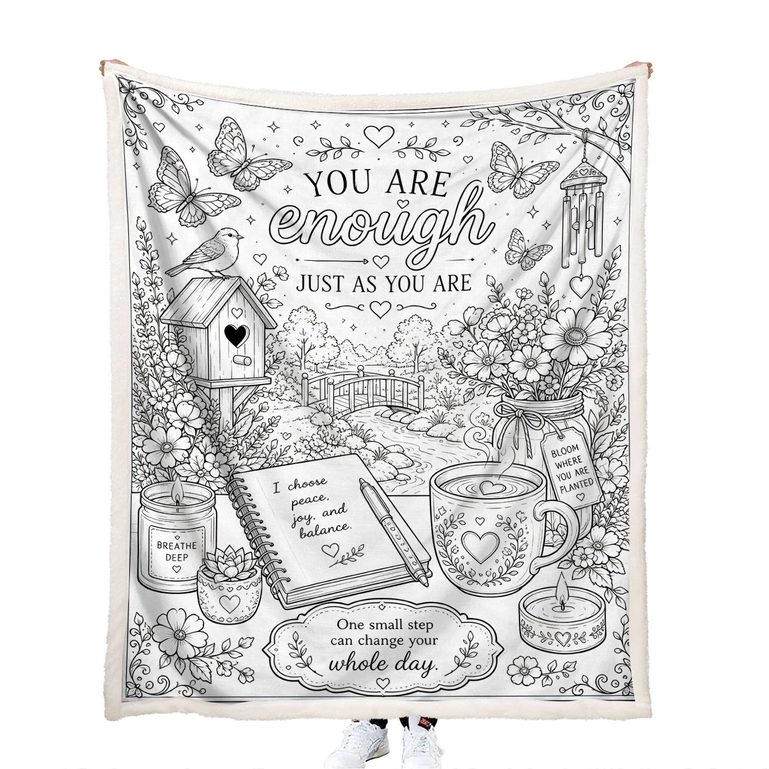 inspirational quotes and garden coloring activity blanket for children