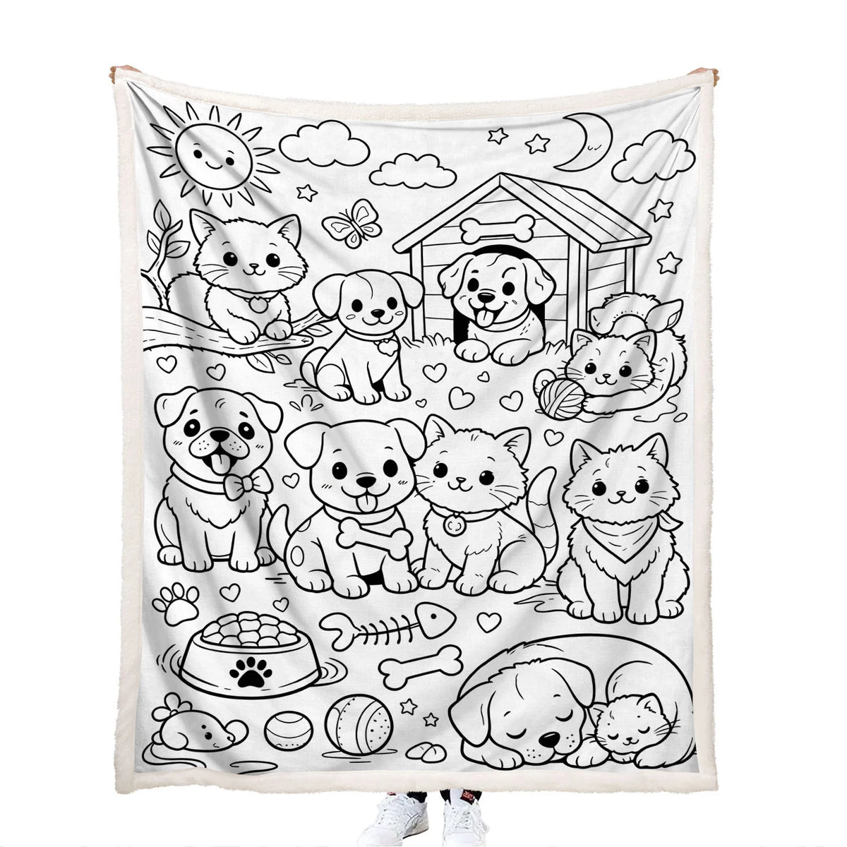 soft fleece back DIY coloring cartoon puppies and kittens throw blanket