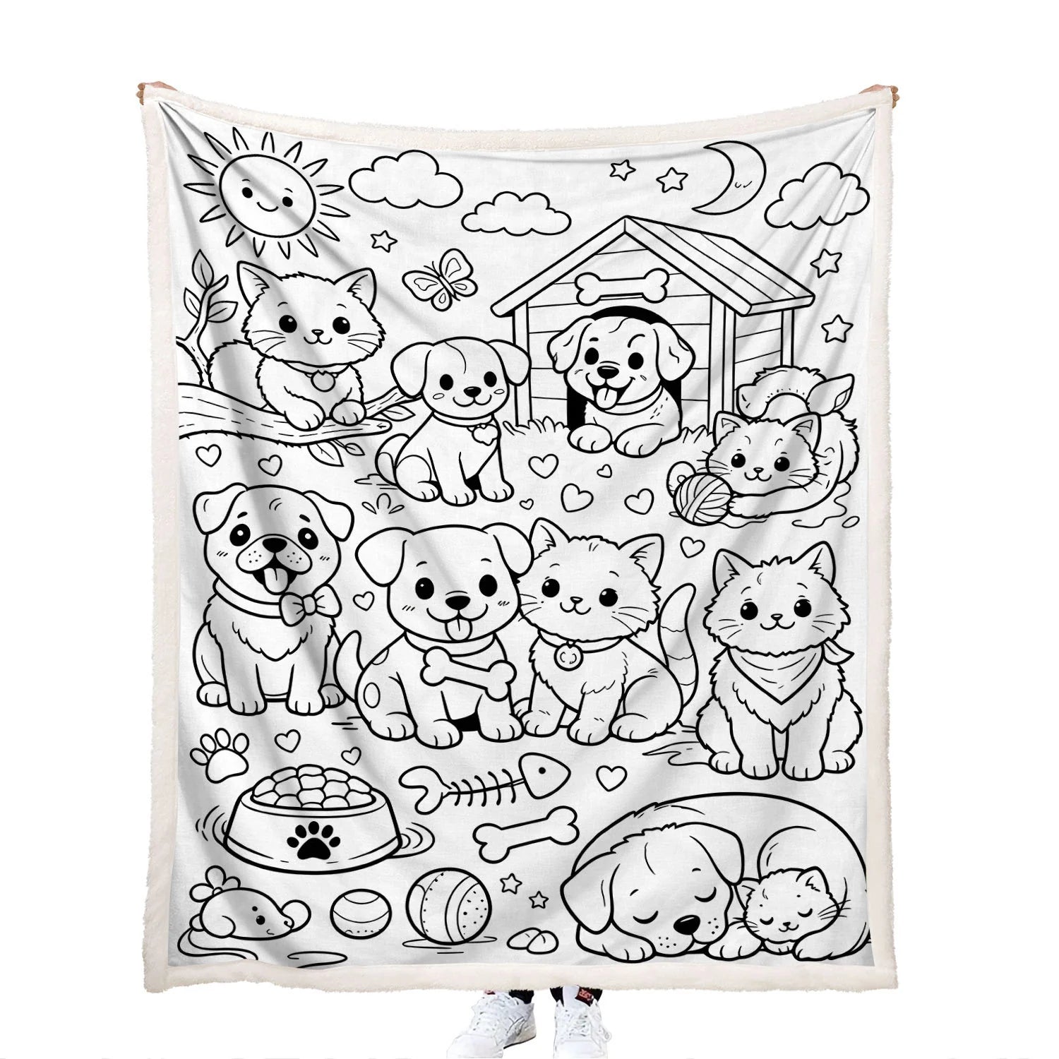 soft fleece back DIY coloring cartoon puppies and kittens throw blanket