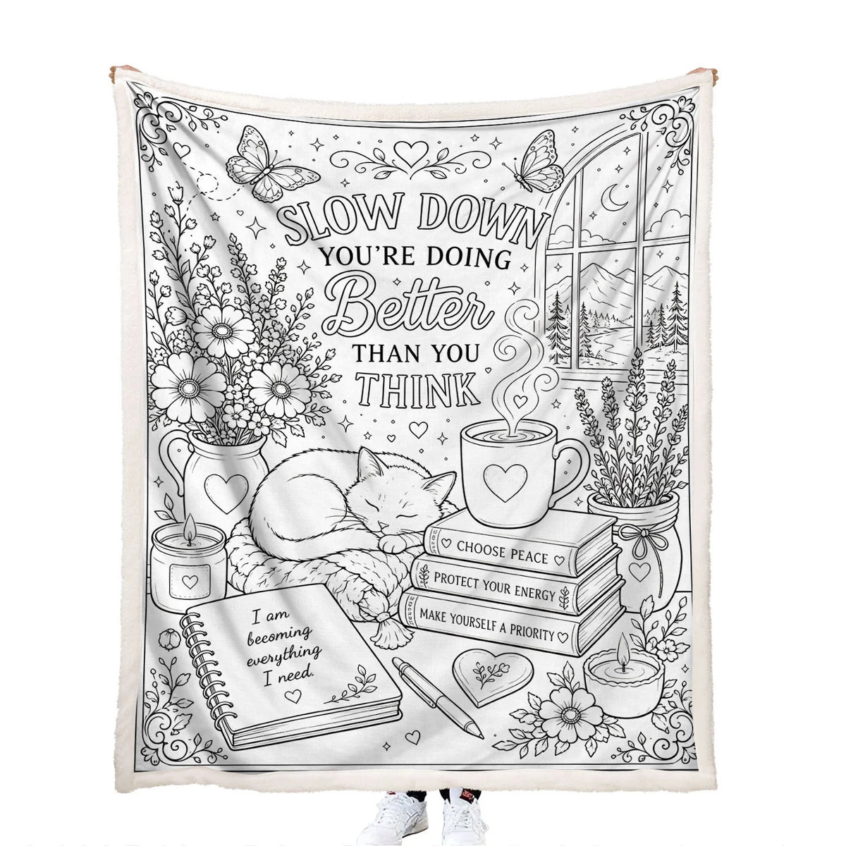 creative art colorable cozy cat and self-care quotes throw blanket with 24 markers