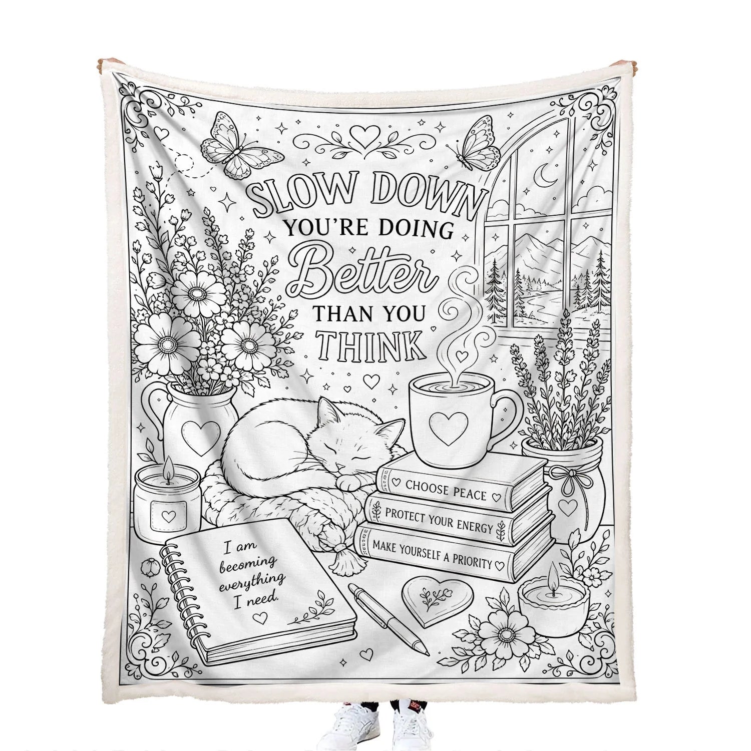 creative art colorable cozy cat and self-care quotes throw blanket with 24 markers
