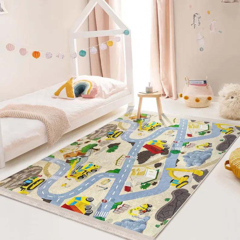 Construction Site Play Rug - Roads Trucks Diggers Design Carpet - Kids Room Accent Rug - Vibrant Playful Theme Mat - Carpet Fun Learning Mat
