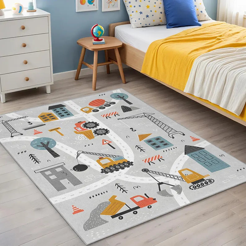 Construction Theme Kids Play Mat, Trucks and Diggers Nursery Rug, Scandinavian Car Rug for Toddler Room, Modern Boys Room Decor