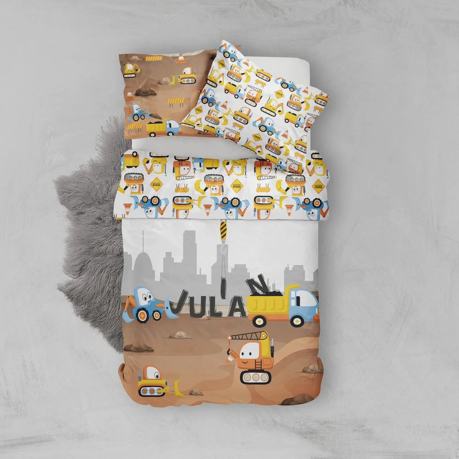 Construction duvet cover set with personalized name, featuring construction trucks, perfect boys room toddler bedding set, twin bedding for kids bedroom décor