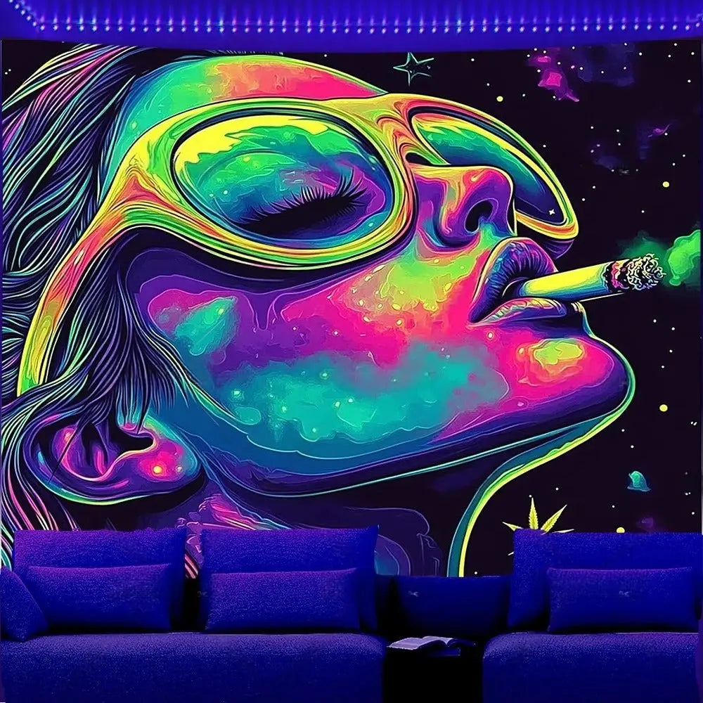 Anime jellyfish girl glowing in dark blacklight tapestry for aesthetic room decor