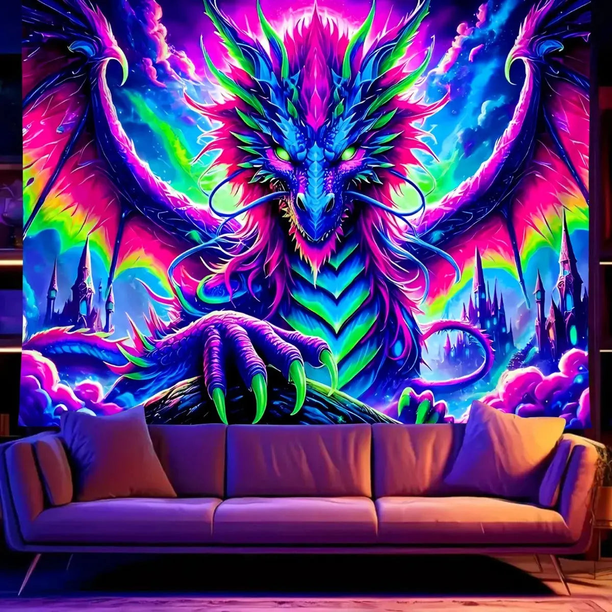 Blue iridescent dragon scale backdrop panel for living room or gaming setup