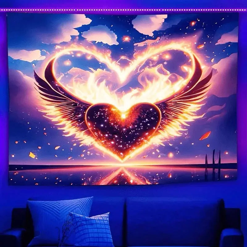 Galaxy-themed butterfly tapestry with neon heart and cosmic nebula glow