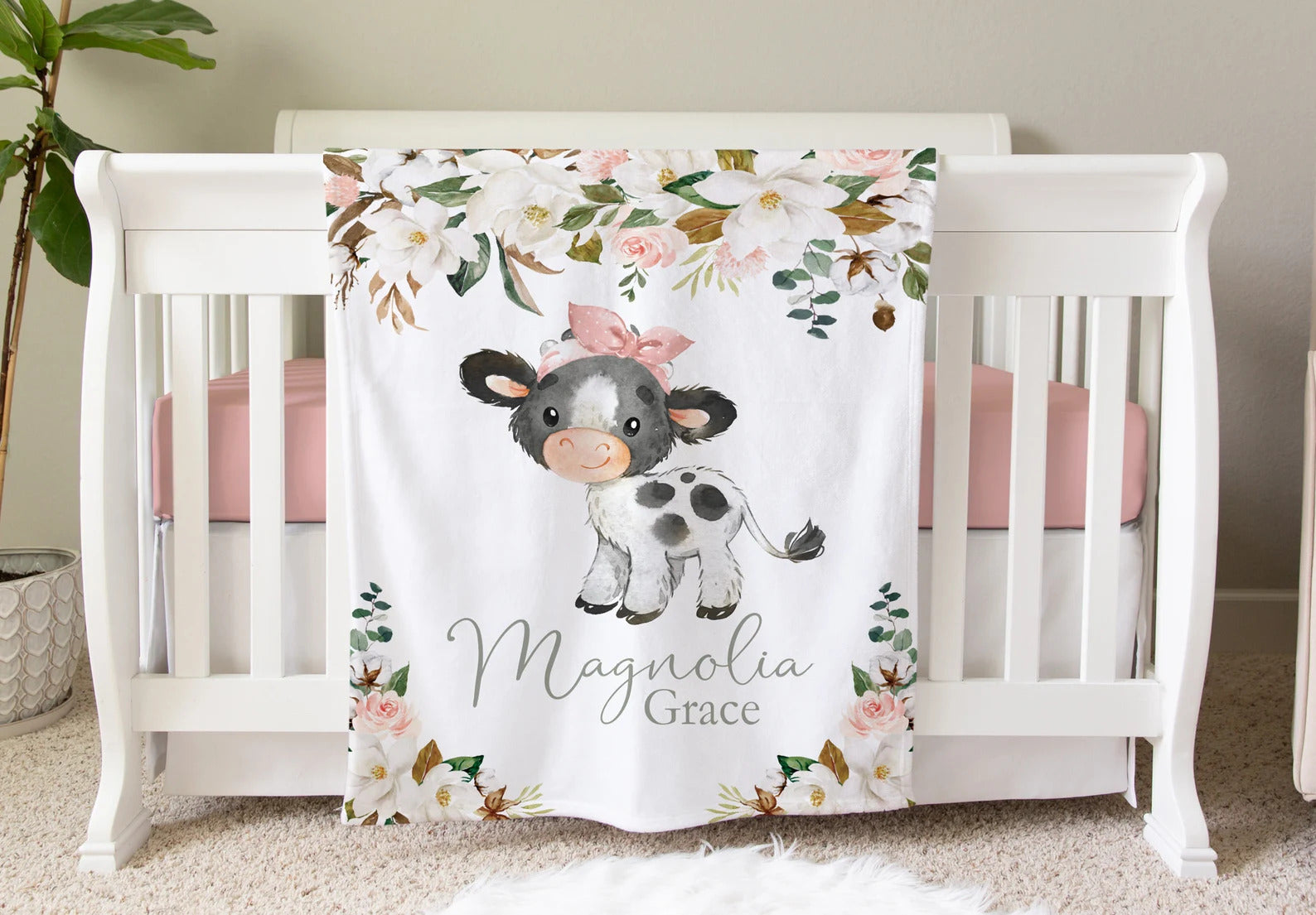 Cow Blanket, Personalized Baby Blanket Gift, Toddler Blanket, Farm Animal Nursery Decor, Toddler Birthday Gift, Cow Theme Blanket