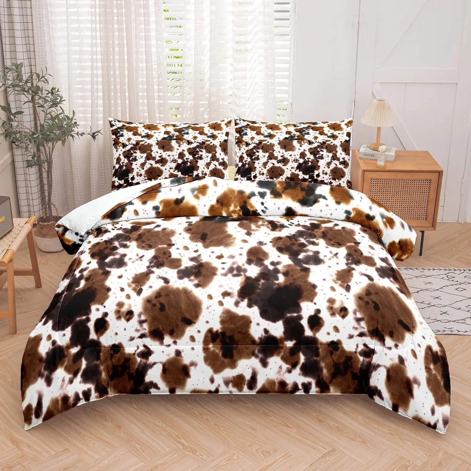 Cow print bedding set for rustic interior design