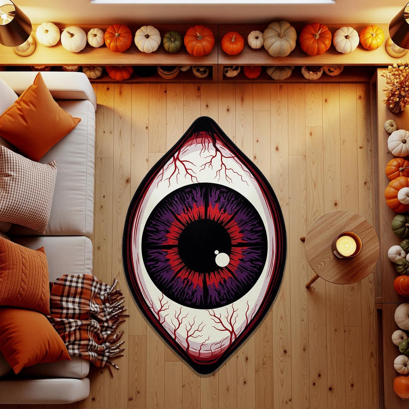 Creepy eye-shaped floor rug used as Halloween decor