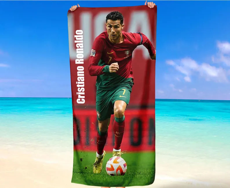 Cristiano Ronaldo CR7 towel fully unfolded, showing complete design with bold CR7 logo and vibrant colors